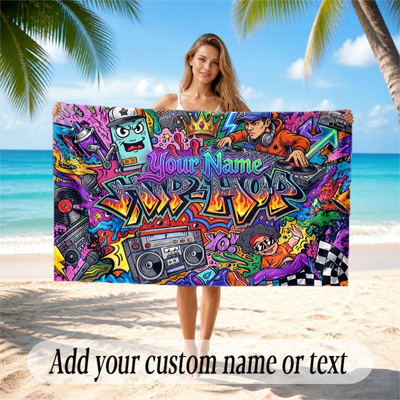 Music DJ Theme Beach Towel Personalized Custom Name & Text Soft Quick Dry Beach Towel for Swimming Travel