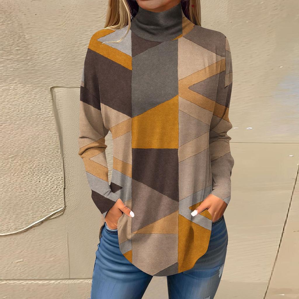 Tee Shirts For Women Fall Casual Long Sleeve Shirts Sweatshirt Vintage Printed High Neck Top Pullover