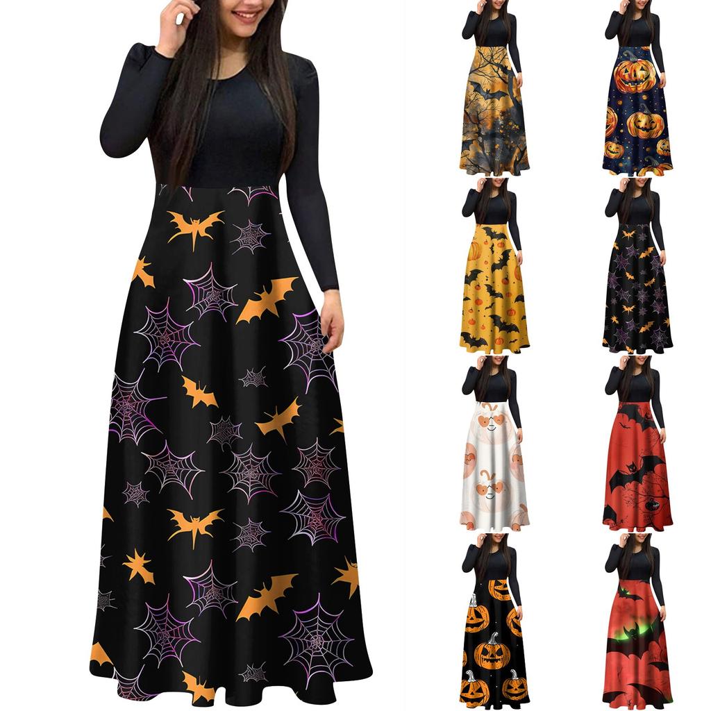 Женское модное повседневное платье макси с круглым вырезом и длинными рукавами