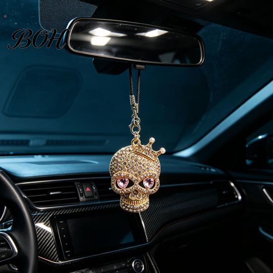 Tassel Car Mirror Decoration Bling Skull Hanging Accessories, Rhinestone Head Rear Halloween Auto Ornament View Charm Gothic for Interior Modification