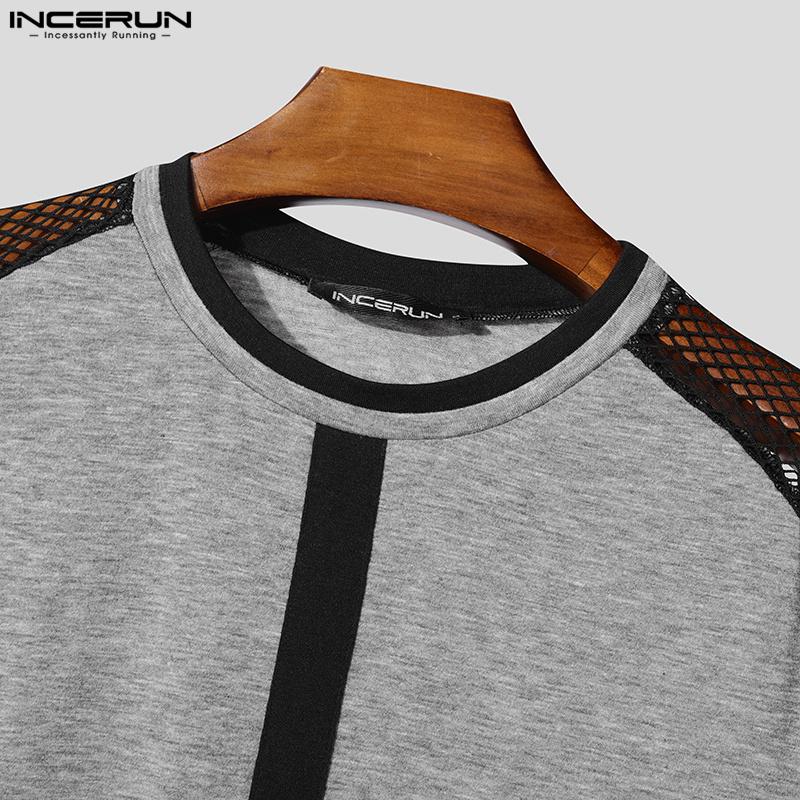 INCERUN Мужские сетчатые футболки с круглым вырезом и длинным рукавом в стиле пэчворк, прозрачные футболки, майки