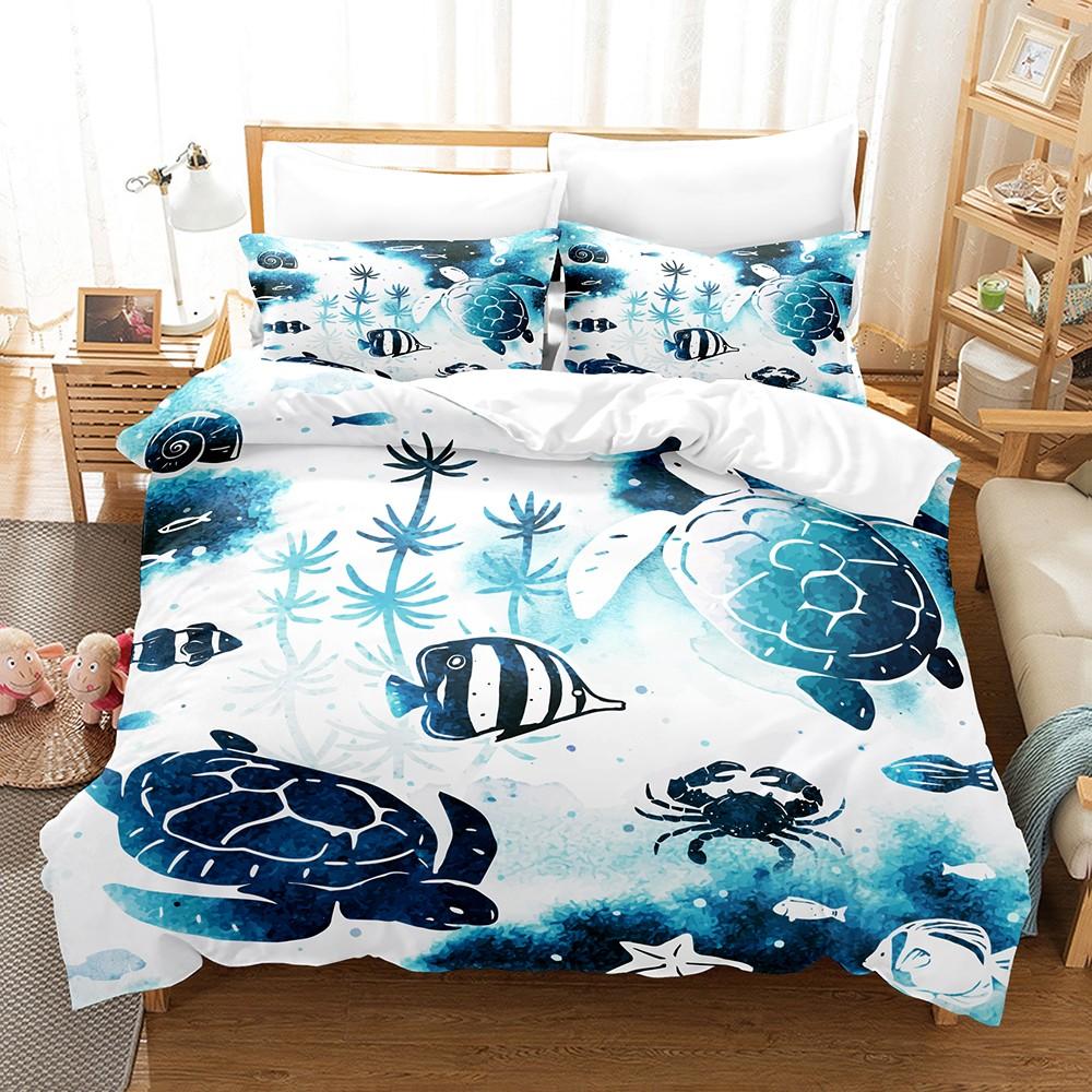 Blue Sea Turtle Print Bedding Set 3PCS Full Queen King Size Summer Travel Soft Microfiber for Kids Boys Girls Room Decor
