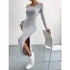 Модное осеннее однотонное элегантное трикотажное женское длинное платье, зимнее платье-свитер с длинными рукавами, тонкое сексуальное клубное платье с круглым вырезом 30449