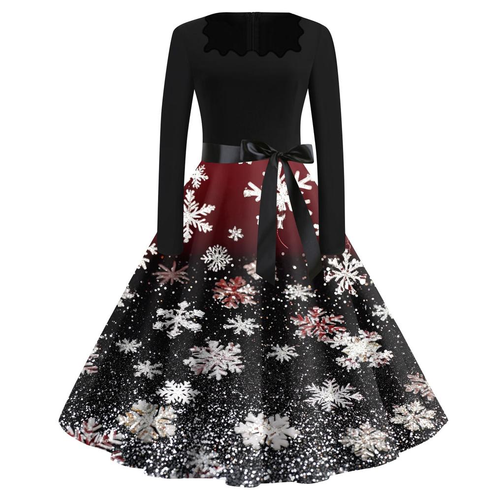 Women's Fashion Casual Square Neck Slim Christmas Printed Long Sleeve Dresses