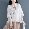 Women's V-Neck Cotton Linen Shirt - Spring/Summer 2024, Loose Fit, Large Size, Casual Short-Sleeve