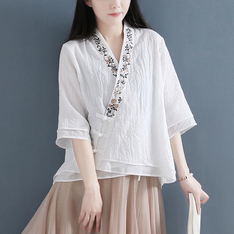 Women's V-Neck Cotton Linen Shirt - Spring/Summer 2024, Loose Fit, Large Size, Casual Short-Sleeve