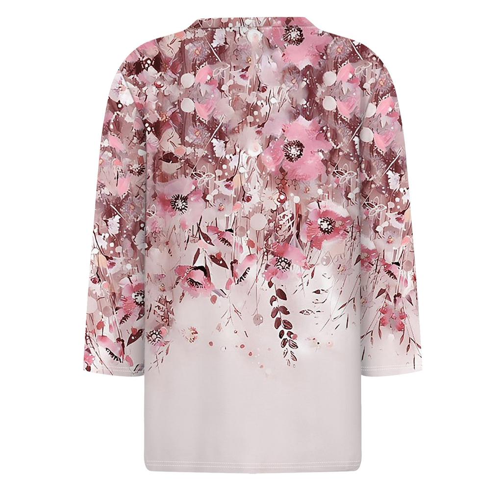 Women's Casual And Fashionable Floral Print Round Neck Top With Seven Quarter Sleeves And Loose Fit Top
