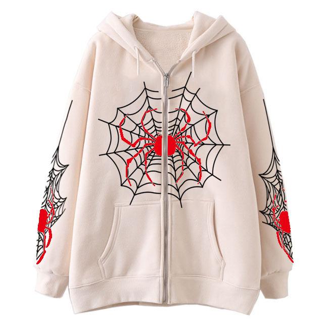 Spring and Autumn Women's Fashion Spider Web Printed Hooded Casual Jacket