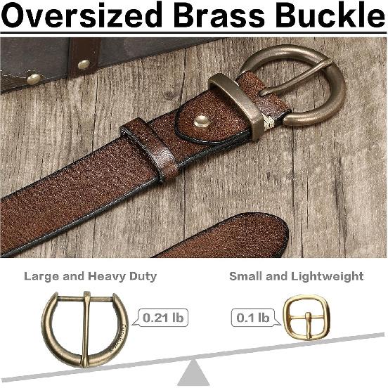 Womens 1.5" Leather Belt Large Brass Buckle Vintage Trendy | Thick Full Grain Leather,Adjustable Waist Size,Durable,Heavy-Duty Buckle,For Jeans