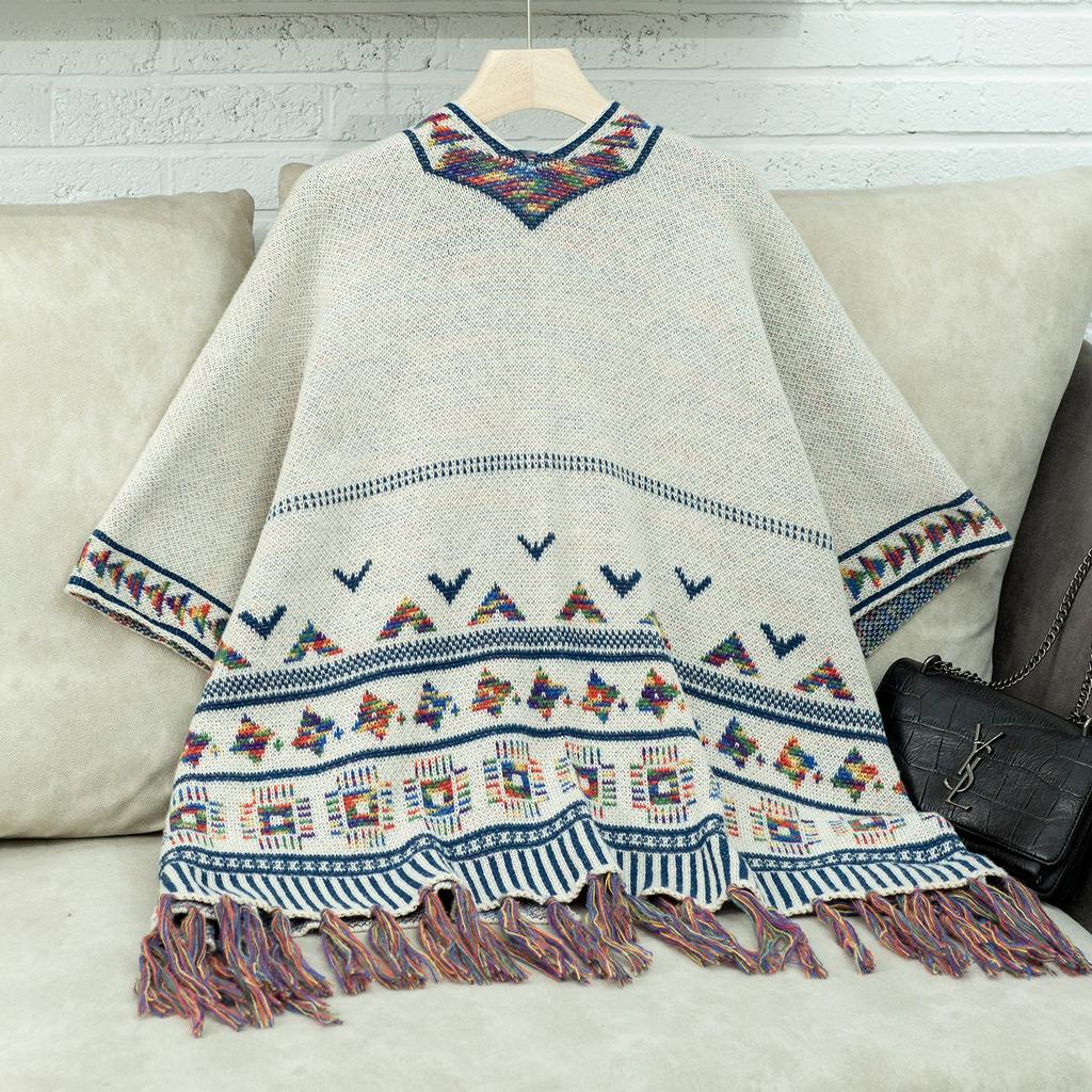 Women's Autumn and Winter Large Size Cardigan Fashionable Knitted Tassel Shawl Loose Jacquard Sweater Cape Top Women