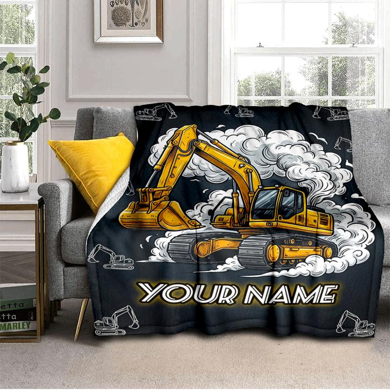 1PC Custom Name Excavator Dreams flannel blanket versatile,all-season throw suitable for the living room,bedroom,camping,travel,and gift