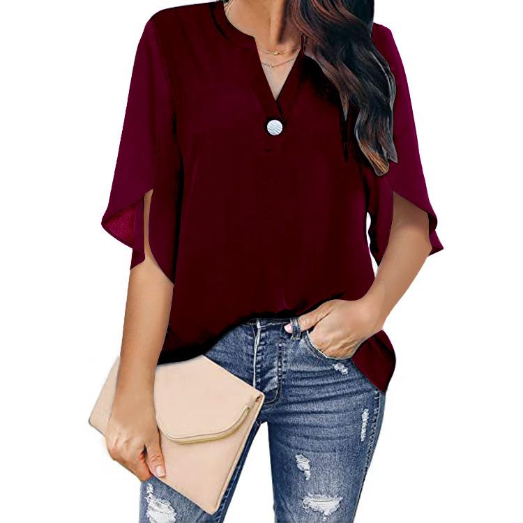 Summer Women's T-shirt Short Sleeve Elegant Casual Solid Color V-neck Chiffon Shirt Women's Tops