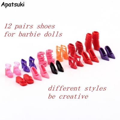 12 пар/лот, модная обувь для кукол, сандалии на высоком каблуке, ботинки, тапочки для кукол Барби, наряд, платье, аксессуары для кукол