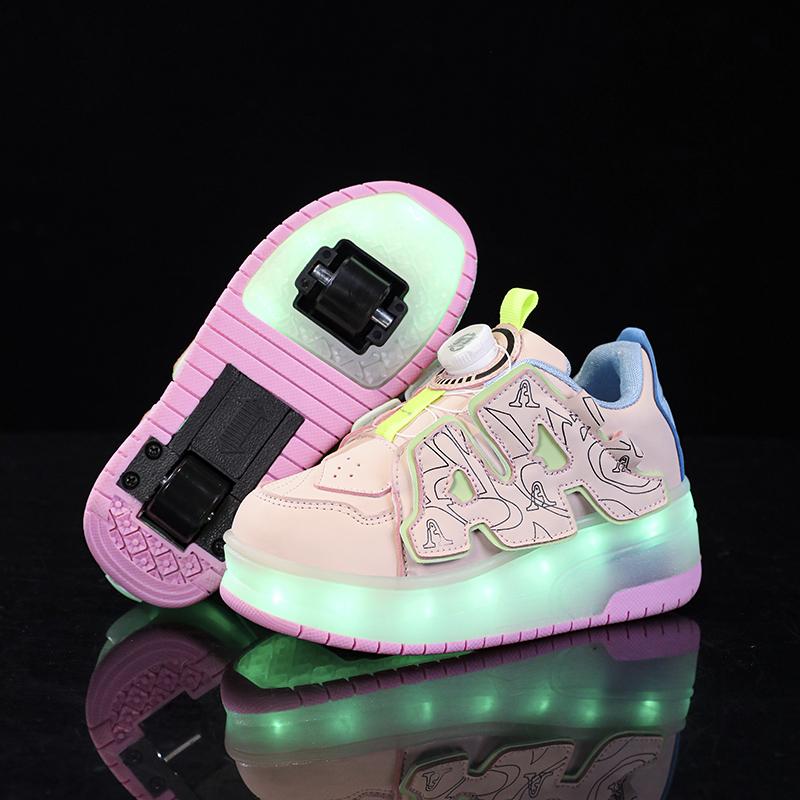 Новые кожаные вращающиеся кнопки свет вспышка обувь мальчики обувь девушки студенты спорт можно получить катание на роликах роликовые коньки обувь