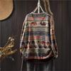Johnature Woman Autumn Elephant Print Double Pockets Contrast Sweater Casual Loose Vintage Style O-Neck Sweater