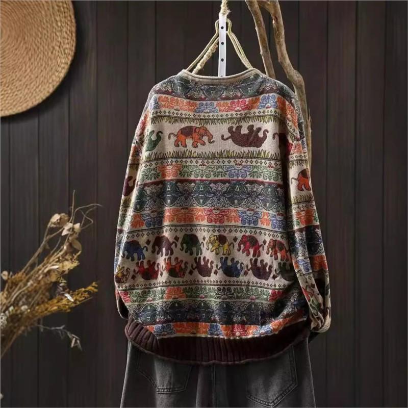 Johnature Woman Autumn Elephant Print Double Pockets Contrast Sweater Casual Loose Vintage Style O-Neck Sweater
