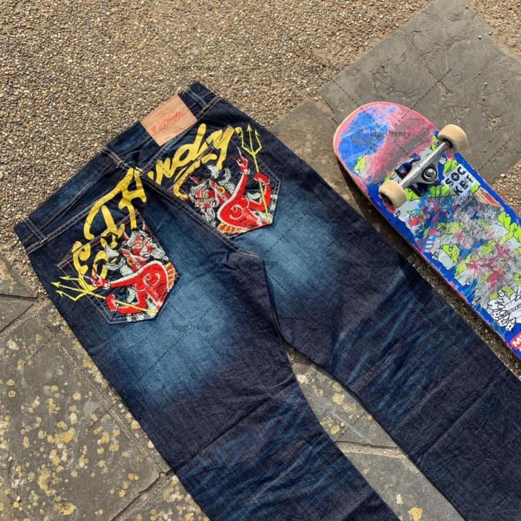 Мужские джинсы Ed Hardy с высокой посадкой, уличного стиля, с вышитой графикой и ретро хип-хоп дизайном