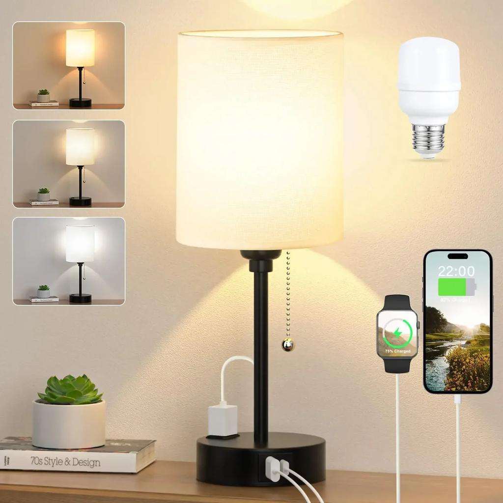 Small Table Lamp Led Rechargeable Light Pull Chain Reading Light with AC Outlet Bedside Table Beige Lampshade for Bedroom Kids