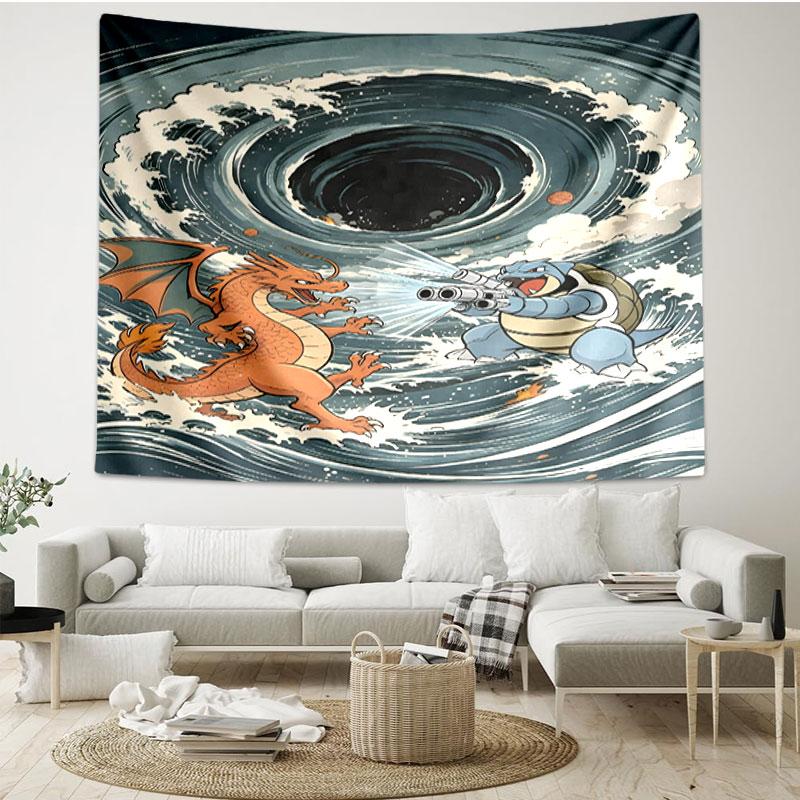 Charizard VS Blastoise Print Tapestry - Portable Wall Decor Cloth, for Home, Dorm, Travel, Bedroom, Living Room - Ideal Birthday Housewarming Gift
