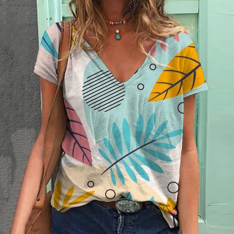 Летняя новая женская футболка с короткими рукавами и V-образным вырезом с принтом бабочки 3D