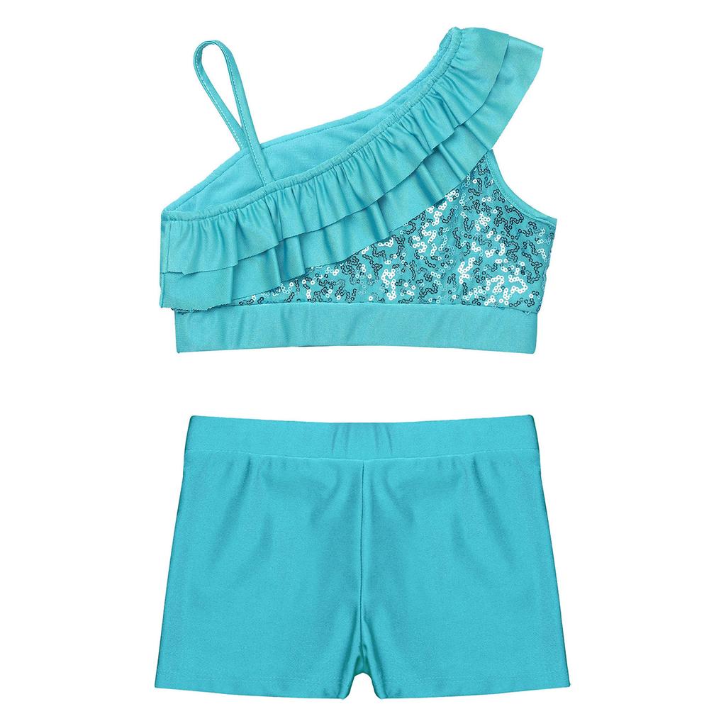 Девочки Комплект из блестящего укороченного топа и шорт Асимметричные бретели-воланы Дизайн V-образный вырез Пояс на талии Шорты Соревнование по танцам