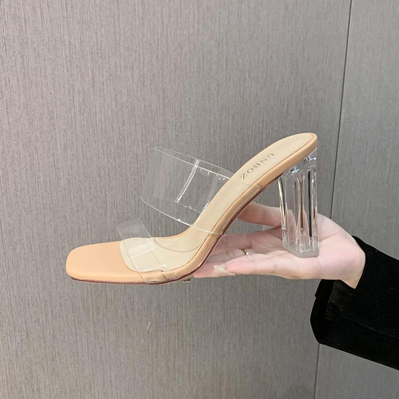 Тапочки женские ПВХ сандалии каблуки 2024 тренд элегантный повседневный дизайнер реплика роскошный сексуальный прозрачный каблук платье для танца на пилоне
