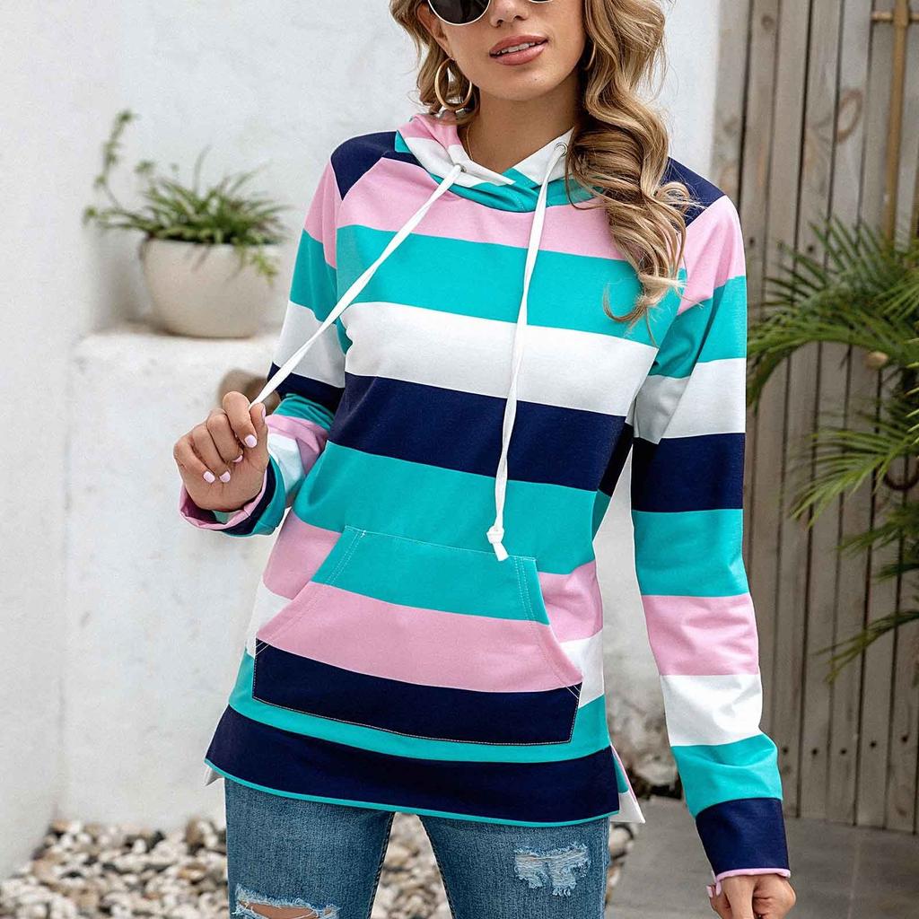 Women Fashion Stripe Printing Drawstring Hood Long Sleeves Sweatshirt Tops