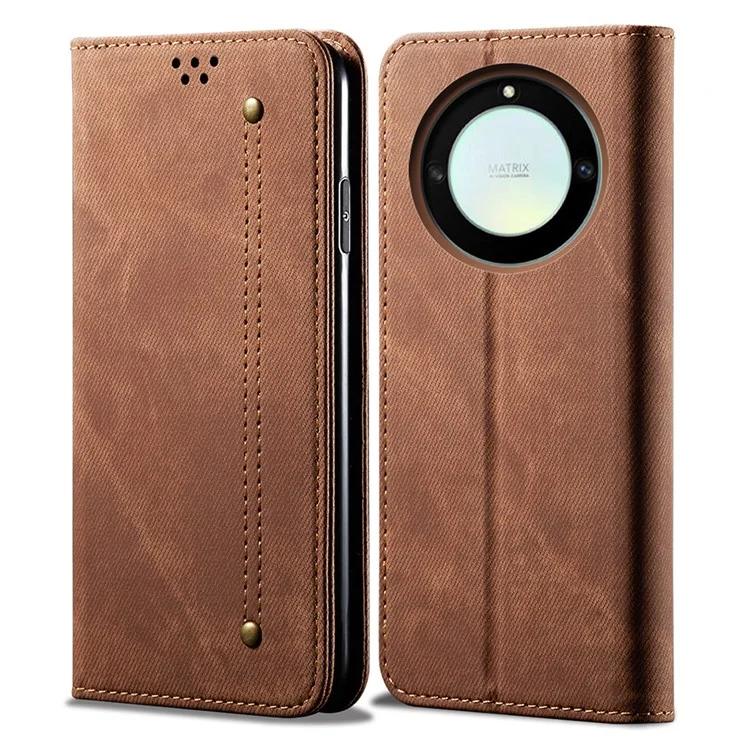 Для Honor X40 5G противоударный кожаный джинсовый чехол с текстурой ткани и подставкой-кошельком