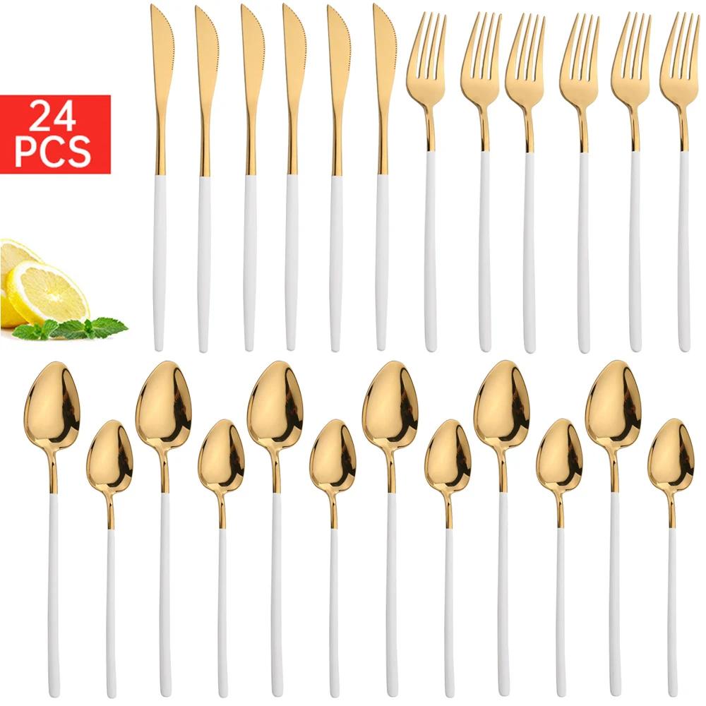 24Pcs Christmas Dinnerware Set Stainless Steel Tableware Knife Fork Dessert Spoon Flatware Black Western Kitchen Cutlery Gift