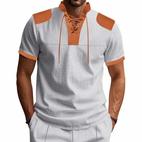 Мужская рубашка с V-образным вырезом на бретелях, цветная футболка с коротким рукавом в вафельную клетку, повседневная летняя футболка для повседневной вечеринки, офиса, путешествий