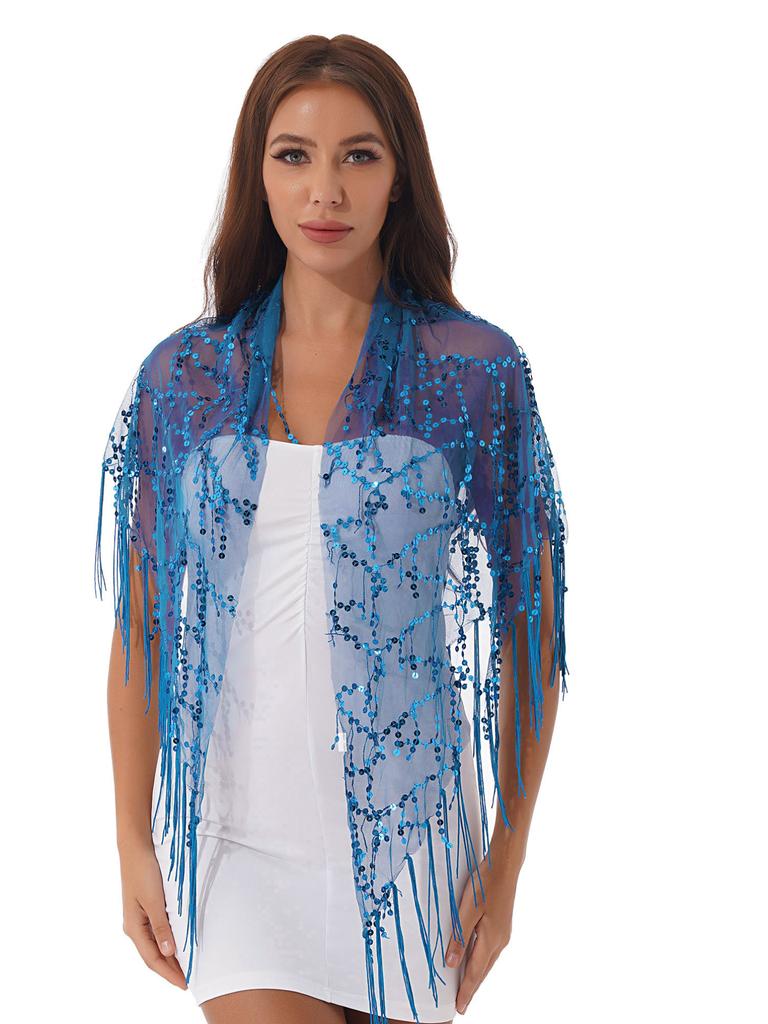 Женская прозрачная сетчатая шаль с блестками и кисточками, вечерние накидки, шарф с бахромой, Outerwar