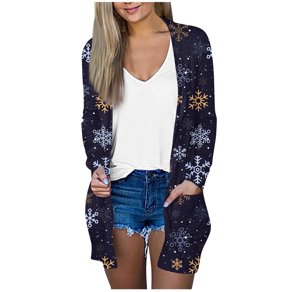 Рождественская женская модная повседневная куртка-кардиган средней длины с длинным рукавом и принтом