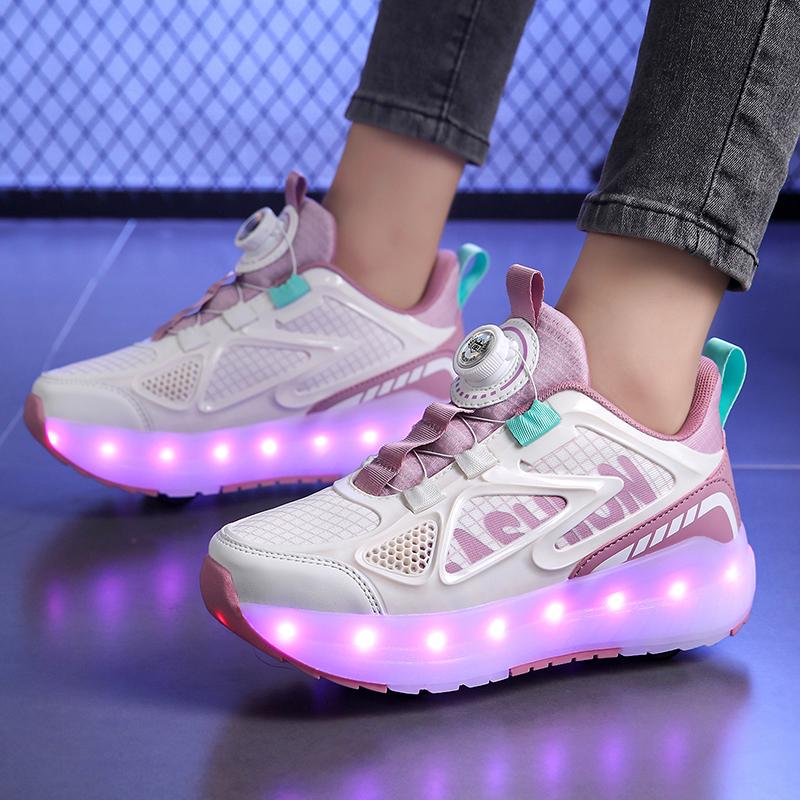 29-40 Мальчики Четырехколесные Кроссовки Съемные Туфли на Плоской Подошве Перезаряжаемые USB Светящиеся Спортивные Легкие Туфли Девочки Роликовые Коньки Обувь для Мальчиков