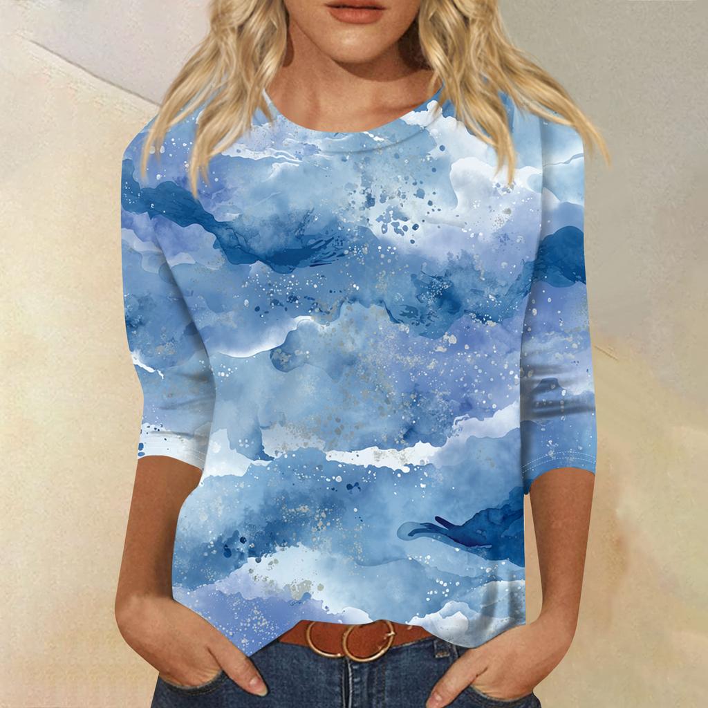 Женская модная повседневная футболка с круглым вырезом, рукавом три четверти и градиентным принтом