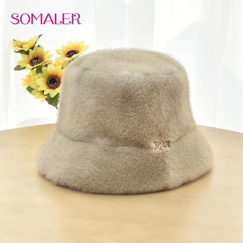 SOMALER Winter Faux Rabbit Fur Knitted Bucket Hats for Women Plain Color Warm Knitted Bucket Hats