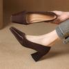 New Women's Fashion Single Shoes Square Heel Casual Solid Color Square Head Large Size High Heel Rubber Sole Comfortable Four-season Small Leather 