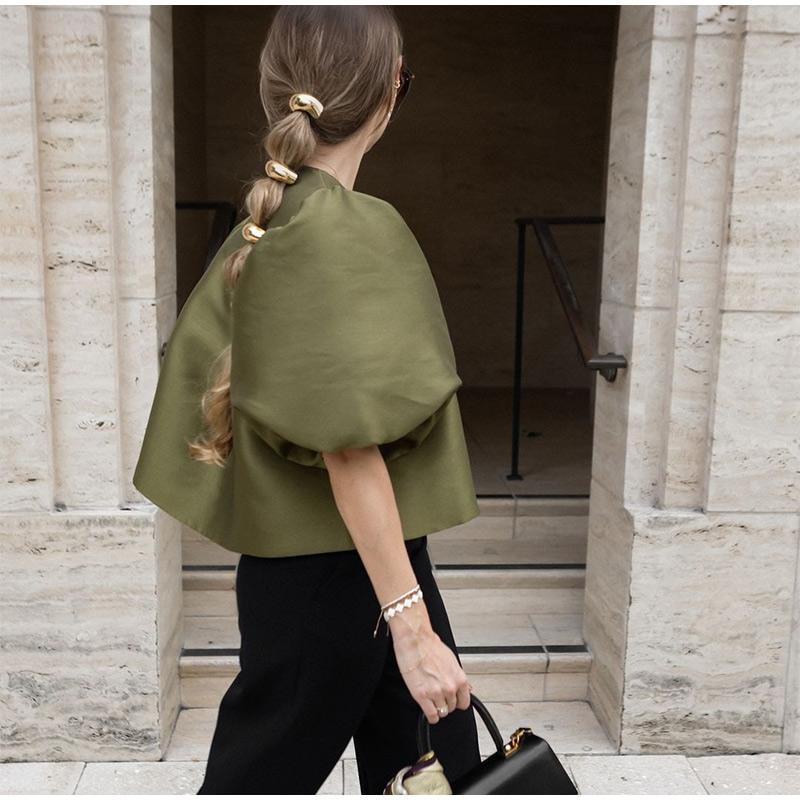 Women's Blouse Top with Puffe Sleeve Solid Satin Shirt New Spring Summer Female Sleeves O Neck Loose Short Shirt Female Blouses