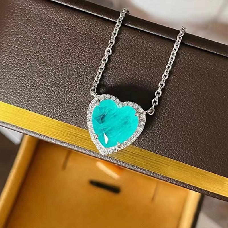 S925 Silver Heart Paraiba Necklace - Women's Layered Clavicle Chain Pendant