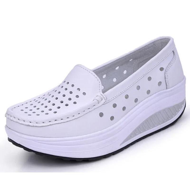 Женская обувь летняя женская кожаная обувь на платформе большого размера медсестра танкетка женская сетка дырка рабочая обувь на плоской подошве