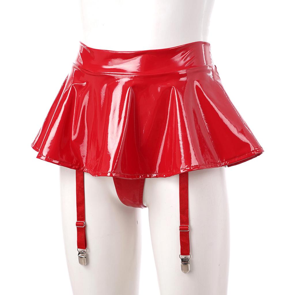 Womens Wet Look Patent Leather Ruffle Skirt Built-in Thongs Garter Belts Metal Clips Miniskirt Party Clubwear