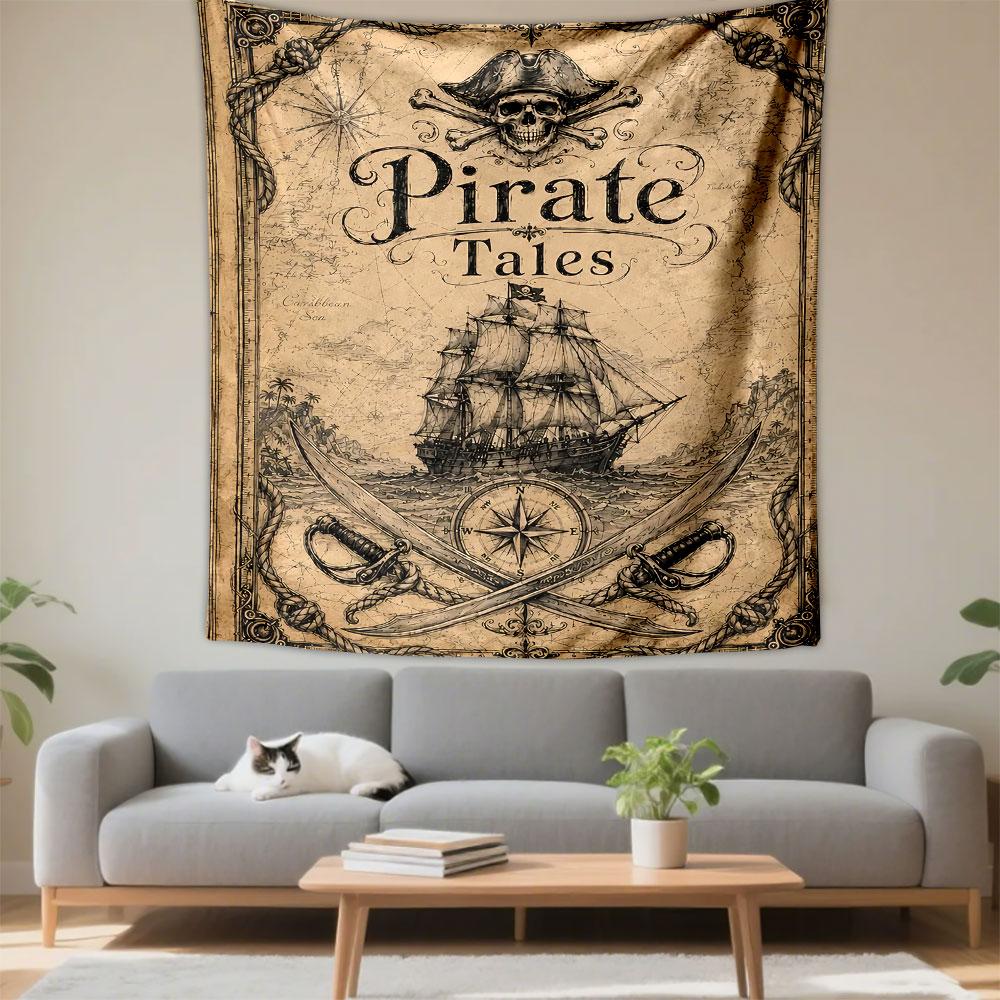 Pirate Tales Tapestry Wall Hanging, Swashbuckling Adventure Ship Art, Nautical Cartoon Wall Decor for Kids Bedroom Playroom