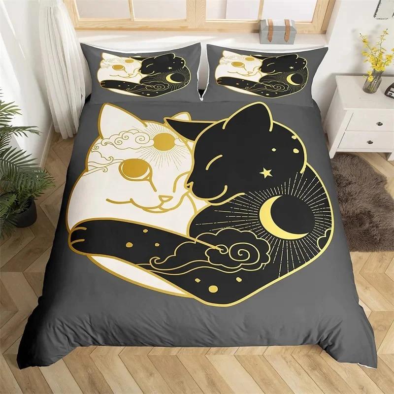 Cat Duvet Cover Polyester Pattern with Hipster Playful Feline Characters, Decorative 3 Piece Twin Bedding Set with 2 Pillow Sham