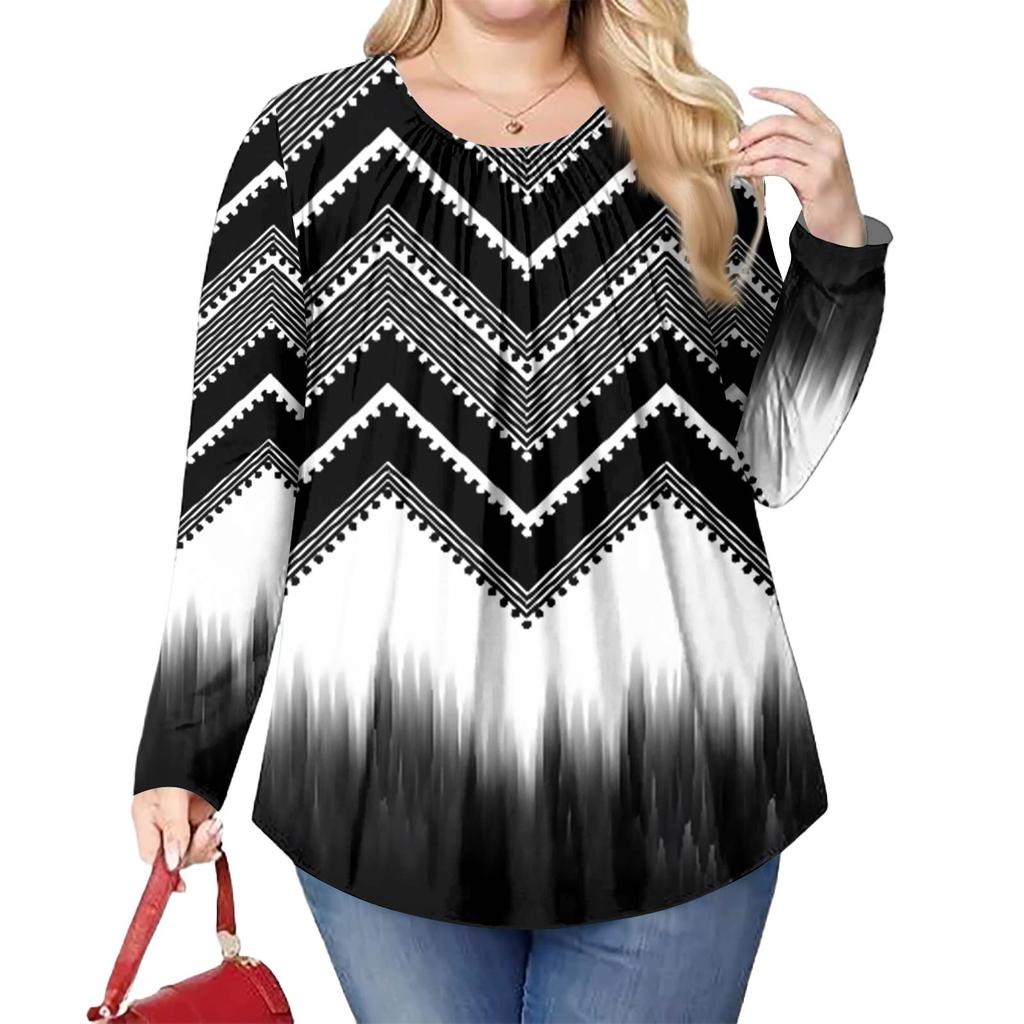 Women's Plus Size Fashion Printed Casual Pleated Round Neck Long Sleeve Top