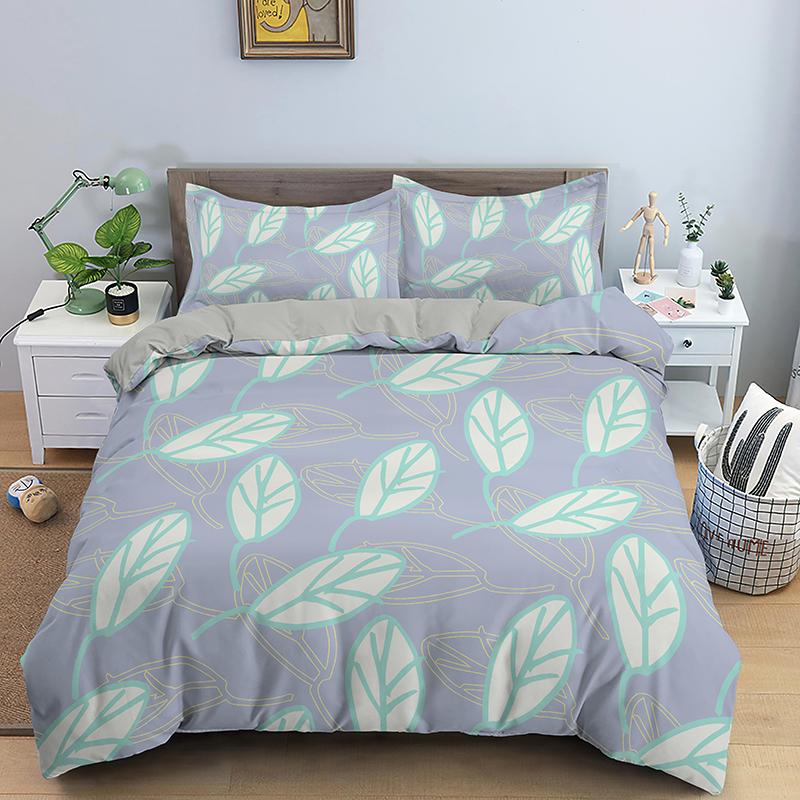 Комплект постельного белья с зелеными листьями для девочек и мальчиков, для детей, двуспальная кровать, двуспальная кровать, пододеяльник, наволочка, стеганое одеяло из полиэстера в мультяшном стиле