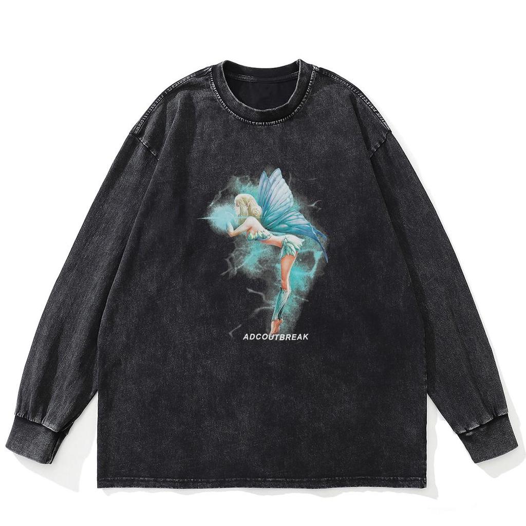 Футболка уличная Genie Graphic Washed Black, хлопковая, унисекс, большие размеры, длинные рукава, футболка