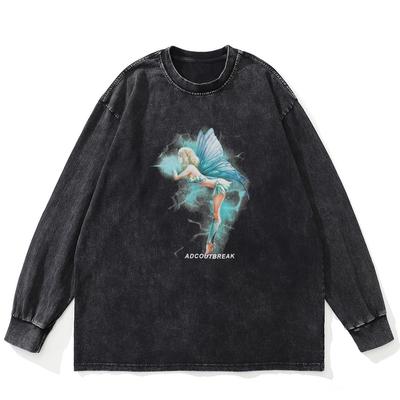 Футболка уличная Genie Graphic Washed Black, хлопковая, унисекс, большие размеры, длинные рукава, футболка
