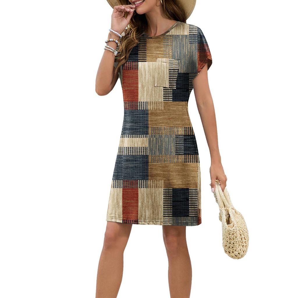 Женское модное повседневное летнее платье в стиле ретро с коротким рукавом и круглым вырезом