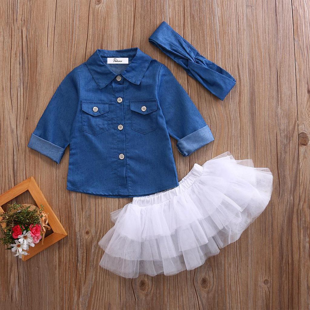 Kids Baby Girl Denim Shirt Clothes+Lace Tulle Skirts Dress Headband Outfits Set
