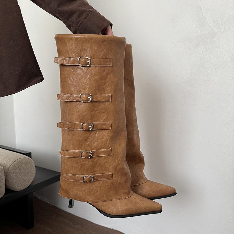 Ретро Высокие Ботинки-Рыцари с Острым Носком и Одной Пряжкой для Женщин, Осень-Зима, Большие Размеры, Брюки и Женская Обувь