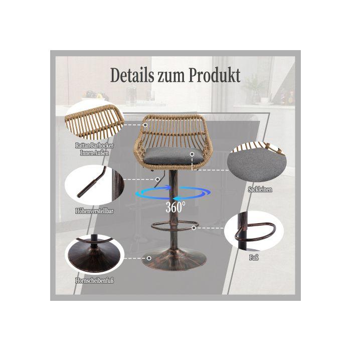 Tabourets de bar - MUVOE - Réglables - Lot de 2 - Métal - Rotin - Gris